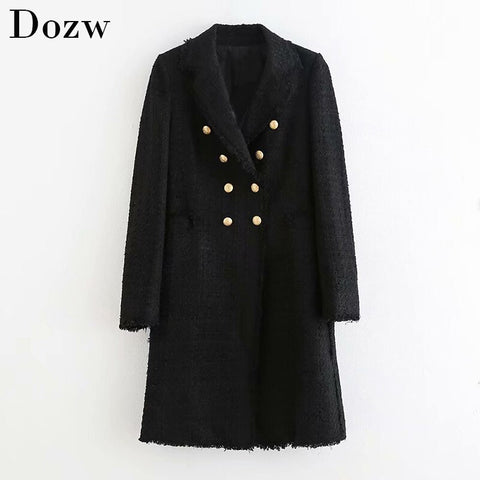 Women Double Breasted Elegant Black Blazers Long Sleeve Notched Collar Mid Length Blazers Button Office Chaqueta Mujer