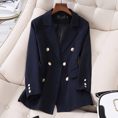 Women Double Breasted Long Casual Blazers Office Lady Small Suit Jacket Ladies Leisure Blazer Loose Coat Streetwear