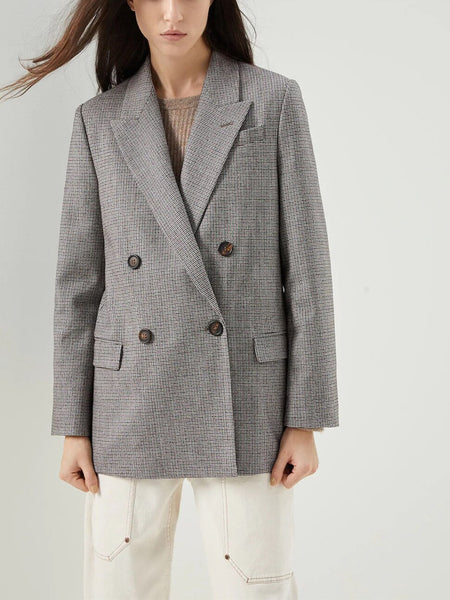 Women Double-Breasted Wool Straight Blazer 2023 Autumn Winter Retro Houndstooth Plaid All-Match Ladies Notched Suit Jacket