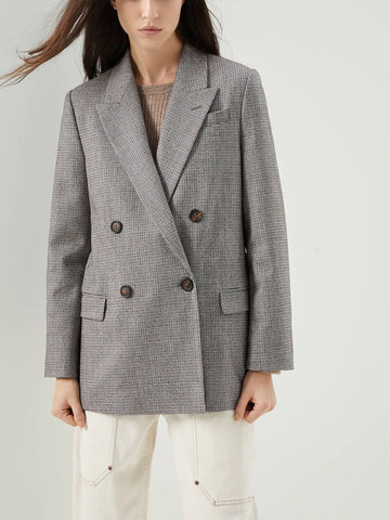 Women Double-Breasted Wool Straight Blazer 2023 Autumn Winter Retro Houndstooth Plaid All-Match Ladies Notched Suit Jacket