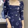 Women Dress 2022 Early Autumn Blue Floral Navy Blue Waist Printed Square Collar Maxi Dress