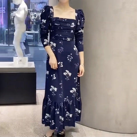 Women Dress 2022 Early Autumn Blue Floral Navy Blue Waist Printed Square Collar Maxi Dress