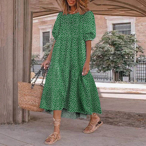 Women Dress Casual O-neck Wave Point Printing Maxi Half Sleeve Loose Frills Long Dress Dresses Vintage Jurken Zomer 2022 Dames