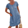 Women Dress Cotton Linen Casual Summer Round Neck Solid Pockets Daily Knee-Length  Dress Plus Size Elegant Short Sleeve Dresses