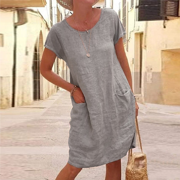 Women Dress Cotton Linen Casual Summer Round Neck Solid Pockets Daily Knee-Length  Dress Plus Size Elegant Short Sleeve Dresses
