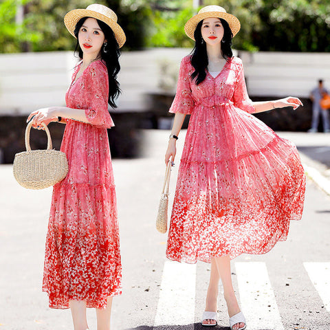 Women Dress Floral Print Empire Midi Pleated Chiffon Flare Sleeve V-Neck Women Party Dresses Flare Sleeve Elegant Vestidos