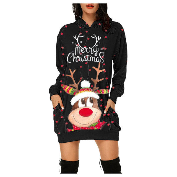 Women Dress Merry Christmas Sweatshirts With Pockets 2022 Casual Prints Bag Hip Pocket Long Sleeves Dress Hoodies Y2k