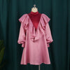 Women Dress Pink Wine Red Patchwork Ruffle Long Sleeves Lovely Autumn Spring Party Christmas Female Gowns 2023 Robe