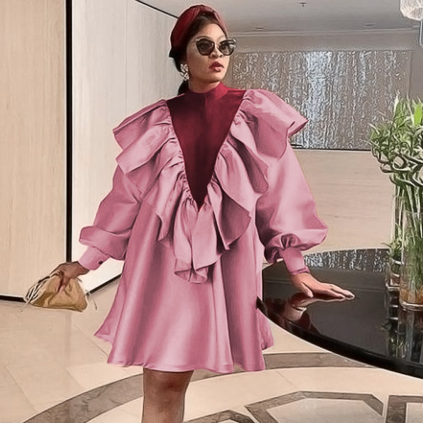 Women Dress Pink Wine Red Patchwork Ruffle Long Sleeves Lovely Autumn Spring Party Christmas Female Gowns 2023 Robe