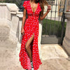 Women Dress Polka Dot High Split Dress Short Sleeve Sashes Maxi Long Dresses Plus Size Summer Sexy V-neck Beach Boho Dress