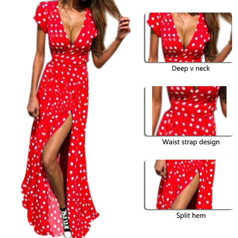 Women Dress Polka Dot High Split Dress Short Sleeve Sashes Maxi Long Dresses Plus Size Summer Sexy V-neck Beach Boho Dress