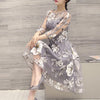 Women Dresses  Lady Dresses  O Neck 3/4 Mesh Sleeve Floral Print Large Swing Double Layer Midi Dress