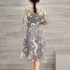 Women Dresses  Lady Dresses  O Neck 3/4 Mesh Sleeve Floral Print Large Swing Double Layer Midi Dress