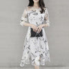 Women Dresses  Lady Dresses  O Neck 3/4 Mesh Sleeve Floral Print Large Swing Double Layer Midi Dress