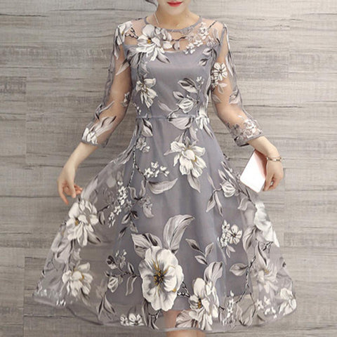 Women Dresses  Lady Dresses  O Neck 3/4 Mesh Sleeve Floral Print Large Swing Double Layer Midi Dress