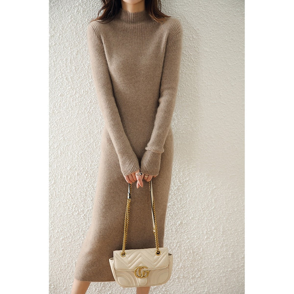 Women Dresses Plus-Longer Soft Warm Knitting-Dress 100% Pure Merino Wool Knitwears Ladies Winter 2022 5Colors Pullovers