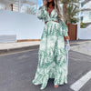 Women Dresses Summer Dress Bohemian Maxi Dress Long Sleeve Large Hem Deep V Neck Floral Leaf Print Beach Wear платье летнее