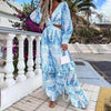 Women Dresses Summer Dress Bohemian Maxi Dress Long Sleeve Large Hem Deep V Neck Floral Leaf Print Beach Wear платье летнее