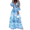 Women Dresses Summer Dress Bohemian Maxi Dress Long Sleeve Large Hem Deep V Neck Floral Leaf Print Beach Wear платье летнее