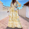 Women Dresses Summer Dress Bohemian Maxi Dress Long Sleeve Large Hem Deep V Neck Floral Leaf Print Beach Wear платье летнее
