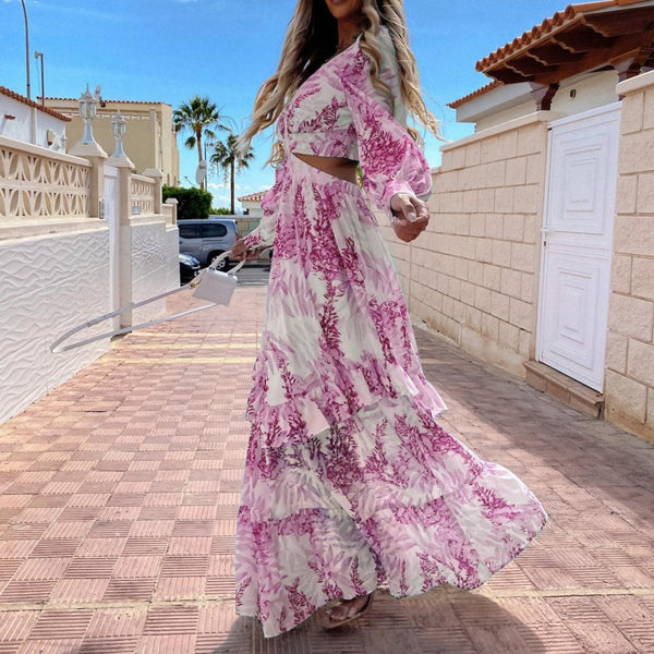 Women Dresses Summer Dress Bohemian Maxi Dress Long Sleeve Large Hem Deep V Neck Floral Leaf Print Beach Wear платье летнее