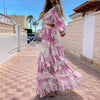 Women Dresses Summer Dress Bohemian Maxi Dress Long Sleeve Large Hem Deep V Neck Floral Leaf Print Beach Wear платье летнее