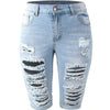 Women Elastic Destroyed Hole Leggings Short Pants Denim Shorts Ripped Jeans Short Pants Denim Shorts Zipper Plus Size Jeans Blue