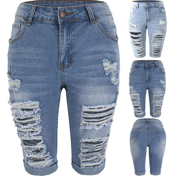 Women Elastic Destroyed Hole Leggings Short Pants Denim Shorts Ripped Jeans Short Pants Denim Shorts Zipper Plus Size Jeans Blue