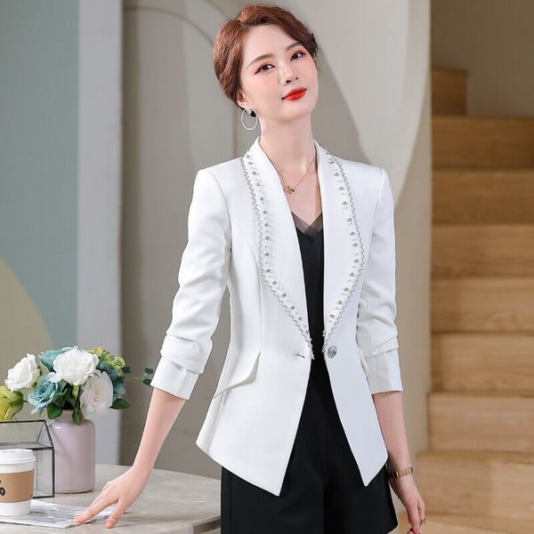Women Elegant Beading Blazer Long Sleeve Single Button Slim Bleaded Coat Formal Office Work Jacket White Business Outerwear