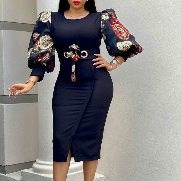 Women Elegant Bodycon Dresses O Neck Three Quater Sleeves High Waist Office Ladies Work Wear Package Hip African Spring