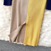 Women Elegant Color Match Knitted Bodycon Dress Autumn Stand Collar Long Sleeve Belted Back Split Midi Work Party Dress
