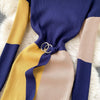 Women Elegant Color Match Knitted Bodycon Dress Autumn Stand Collar Long Sleeve Belted Back Split Midi Work Party Dress