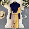 Women Elegant Color Match Knitted Bodycon Dress Autumn Stand Collar Long Sleeve Belted Back Split Midi Work Party Dress