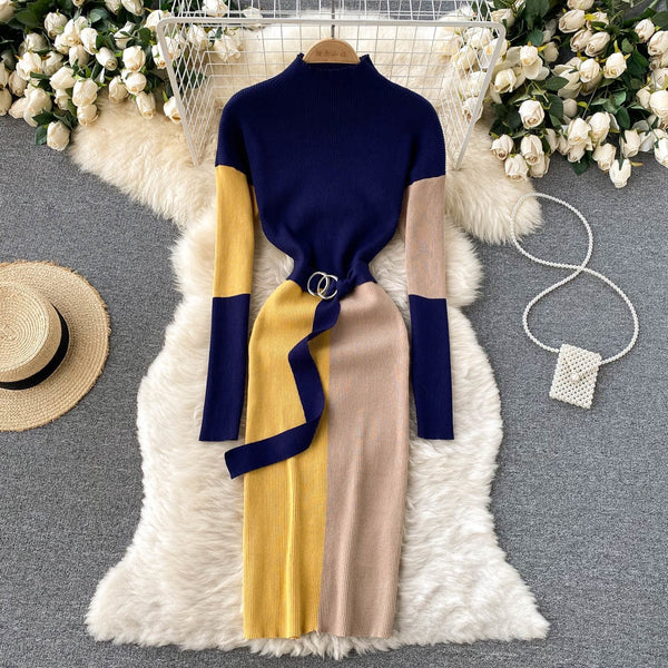 Women Elegant Color Match Knitted Bodycon Dress Autumn Stand Collar Long Sleeve Belted Back Split Midi Work Party Dress
