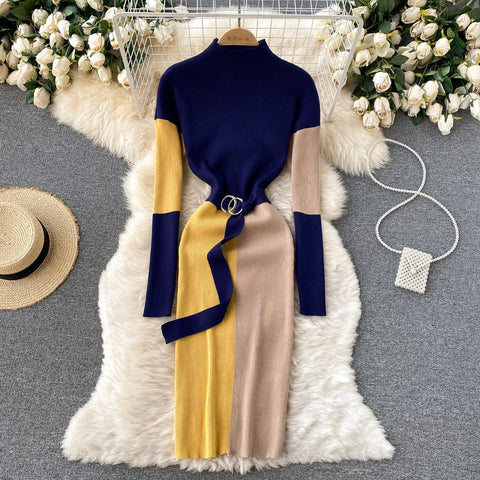 Women Elegant Color Match Knitted Bodycon Dress Autumn Stand Collar Long Sleeve Belted Back Split Midi Work Party Dress