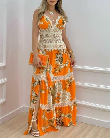 Women Elegant Dress Floral Print Sleeveless V-Neck Maxi Dress Summer Vacation Sexy Floral Print Contrast Lace Split Dress 2023