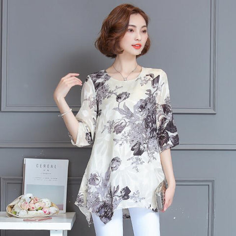Women Elegant Floral Print Blouse Summer Ladies o-neck Short Sleeve Loose Shirts Casual Tops