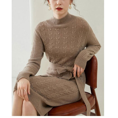 Women Elegant O Neck Sweater Autumn Winter Knit Dress Long Sleeve Jumper Sashes Oversize Dresses Loose Robe Pull Vestidos