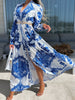 Women Elegant Pattern Print Maxi Dress 2023 Spring Casual Long Sleeve Party Dress Summer Ladies Sexy V-Neck Long Dress Vestido