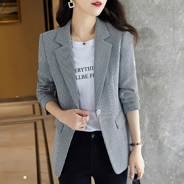 Women Elegant Plaid Blazer Long Sleeve Single Button Slim Houndstooth Coat Formal Office Work Jacket Outerwear Shiny Chic Tops
