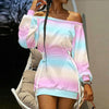 Women Elegant Print Loose Sweatshirt Dress Sexy Slash Neck Lace-Up Waist Party Dress Casual Long Sleeve Mini Pullover Dress