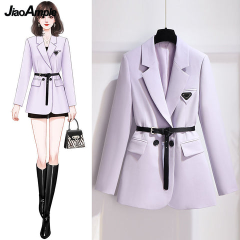 Women Elegant Purple Casual Blazer Spring Autumn 2023 Korean High-End Suit Coat with Belt Office Lady Work Jacket New