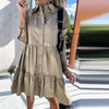 Women Elegant Solid Long Sleeve Button Party Dress Fall Lapel Pleated Ruffle Female Mini Dress Casual Loose Shirt Dress