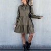 Women Elegant Solid Long Sleeve Button Party Dress Fall Lapel Pleated Ruffle Female Mini Dress Casual Loose Shirt Dress