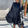 Women Elegant Solid Long Sleeve Button Party Dress Fall Lapel Pleated Ruffle Female Mini Dress Casual Loose Shirt Dress