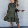 Women Elegant Solid Long Sleeve Button Party Dress Fall Lapel Pleated Ruffle Female Mini Dress Casual Loose Shirt Dress