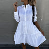 Women Elegant Solid Long Sleeve Button Party Dress Fall Lapel Pleated Ruffle Female Mini Dress Casual Loose Shirt Dress