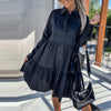 Women Elegant Solid Long Sleeve Button Party Dress Fall Lapel Pleated Ruffle Female Mini Dress Casual Loose Shirt Dress