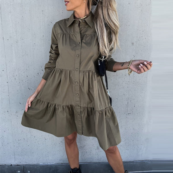 Women Elegant Solid Long Sleeve Button Party Dress Fall Lapel Pleated Ruffle Female Mini Dress Casual Loose Shirt Dress