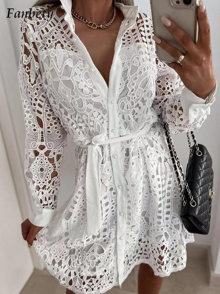 Women Elegant Solid Turn-down Collar Shirts Dress Lady Single-Breasted Mini Dress Spring Summer Long Sleeve Party Dress